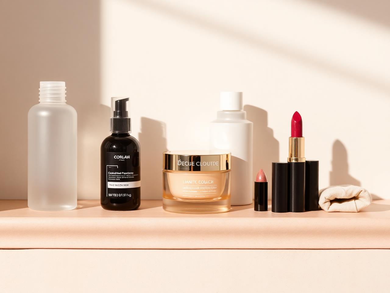 Minimal beauty shelf with unbranded skincare bottles