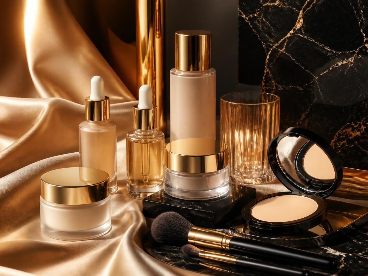 Unbranded skincare bottles, serums and brushes arranged on champagne silk