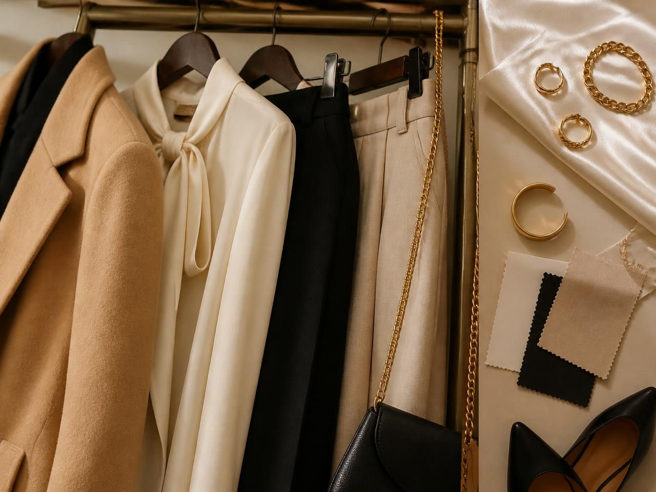 Curated womenswear rail with camel coat, silk blouse, gold jewellery and fabric swatches