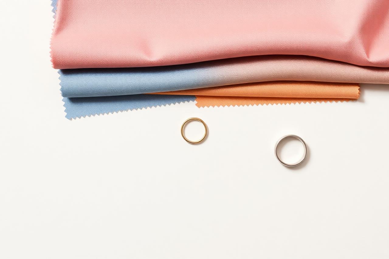 Fabric swatches in blue, pink and peach with gold and silver rings