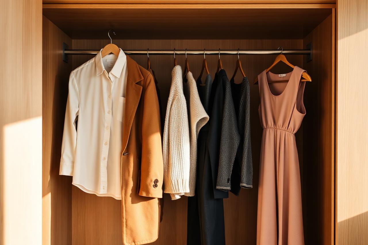 A capsule wardrobe of neutral clothing hanging in a pale oak closet