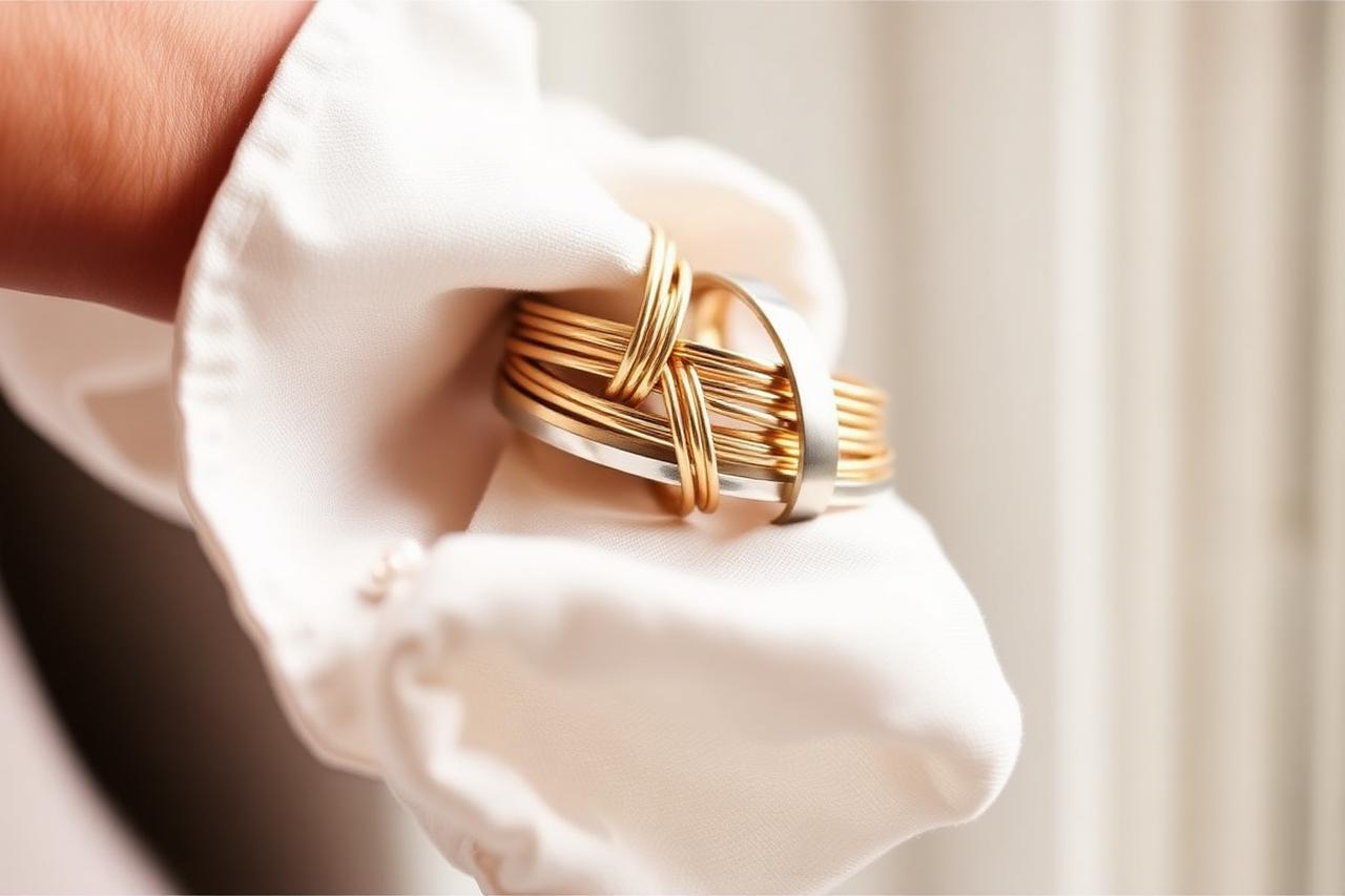 Stacked gold bangles and a brushed silver cuff on ivory linen