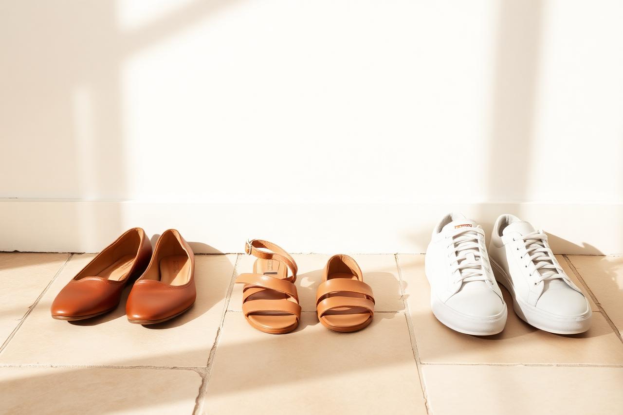 Leather flats, a block-heel sandal and a white sneaker on pale stone